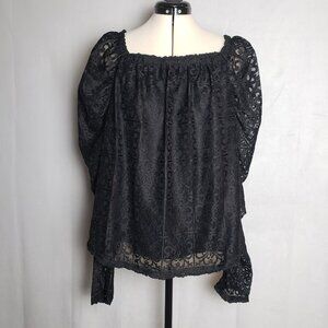 Doe and Rae Textured Lace Overlay Black Long Sleeve Romantic Puff Shoulder Top M